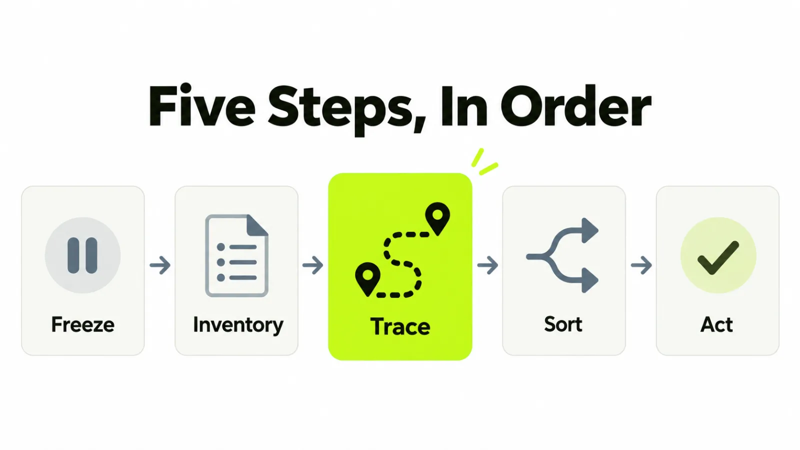 Five audit steps in a row from freeze to act, with trace emphasized