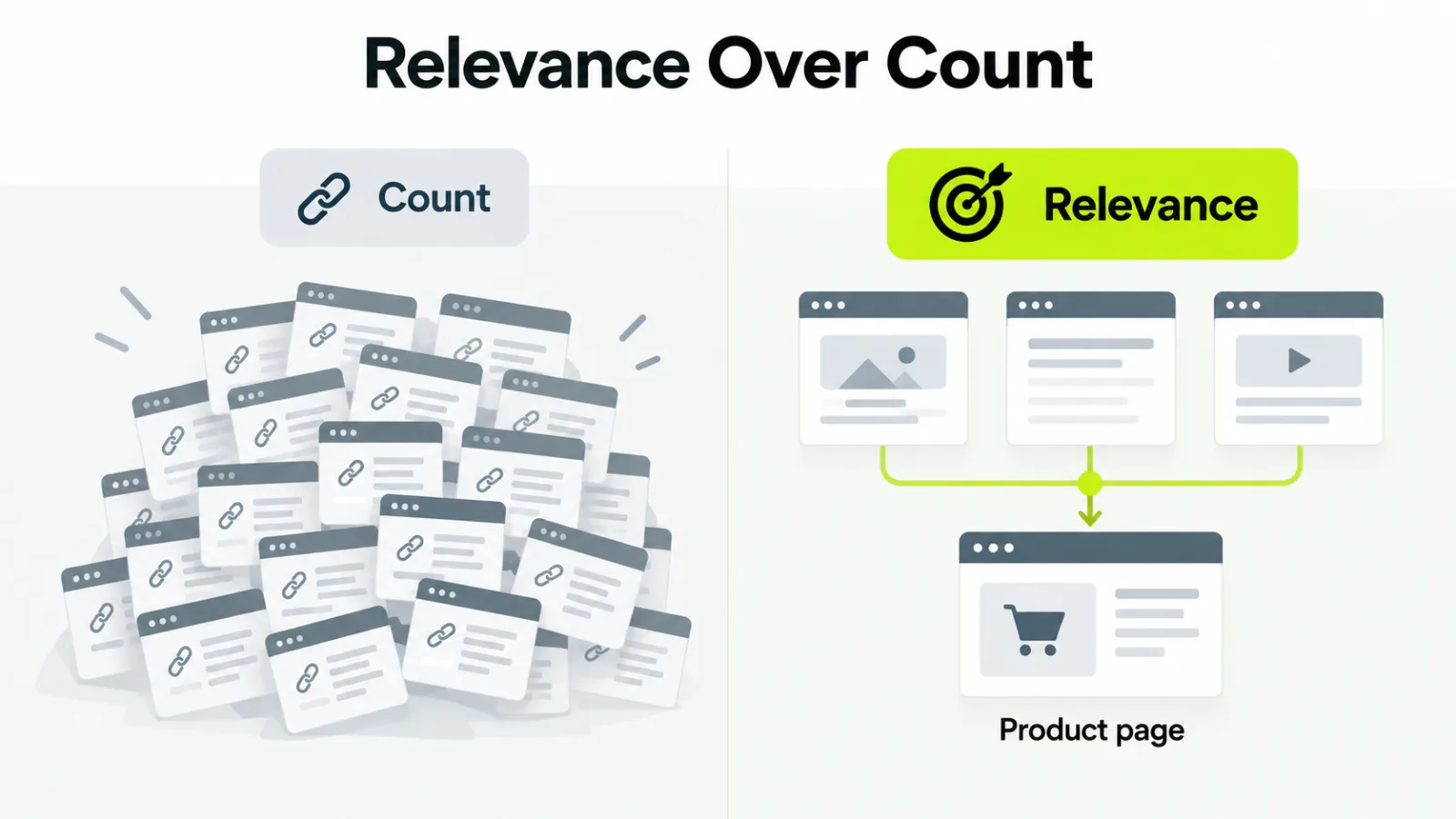 A large pile of unrelated links compared with a few relevant ones connected to the product page