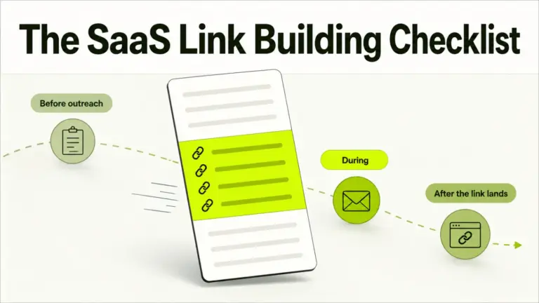 A link building checklist shown as three stacked groups of rows, with only the middle group completed