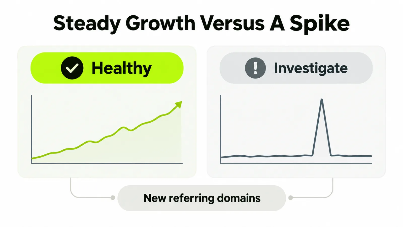 A steady link velocity line with one small bump compared with a sudden spike that drops away