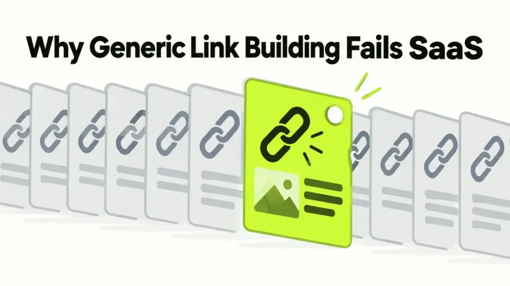 Why generic link building fails SaaS: a grid of generic link cards broken by one relevant link