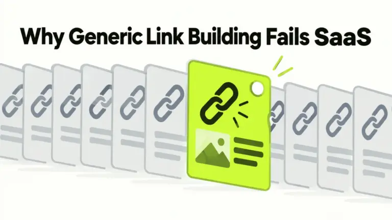 Why generic link building fails SaaS: a grid of generic link cards broken by one relevant link