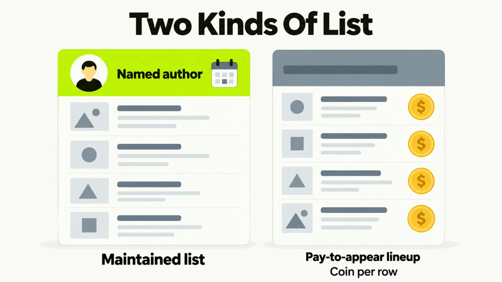 A dated, authored list beside a lineup of rows that each carry a coin mark