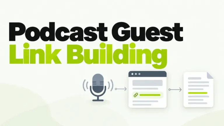 Diagram of a podcast episode leading to a show notes page with a highlighted backlink for SaaS link building